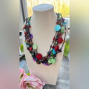 Premier Designs Multi Color Glass And Shell Beaded Cord Layered Necklace 24 in